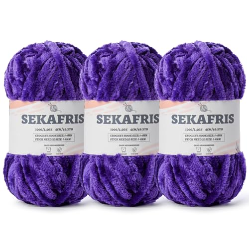 Image of Fuzzy Chunky Chenille Yarn for Crocheting,Soft Plush Yarns for Hand Knitting,Bulky 3x100g(3x49.2 yd) Baby Blanket Yarn for Crocheting Amigurumi,Crochet Fluffy Velvet Yarns (3 Dewberry