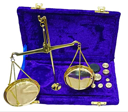 Báscula antigua de balance de latón con pesas azul miniatura 1