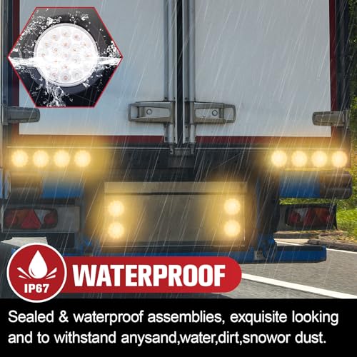 Image of 2PCS 4 Inch 19LED Amber Round Led Trailer Tail Lights,Brake Stop Turn Signal Light w /Grommets,12V,IP67 Waterproof,3-Prong Wire Pigtails
