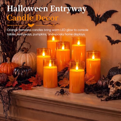 Image of Homemory Halloween Orange Flameless Candles, Acrylic, Remote Timer, 9 Pack | Flameless LED pillar candles, battery operated candles, remote timer, Halloween candles, fall decor, harvest, party decor