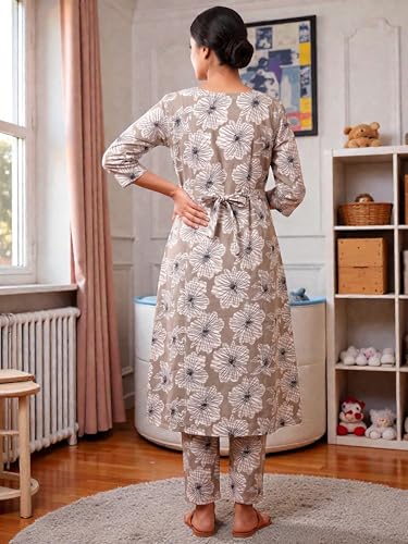Image of RITIJYA Pure Cotton Feeding Kurta Pant Set for Women | Floral Anarkali Pregnancy Dress with Concealed Nursing Zipper Side Pocket | Pre & Post Partum | Maternity Dresses | Baby Shower Outfit