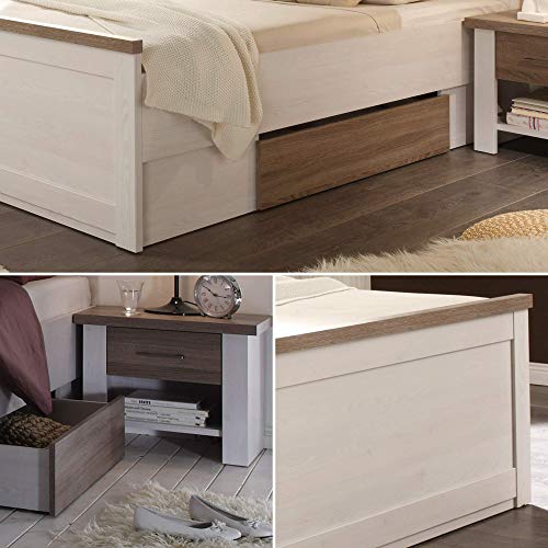 LUCA Stilvolle Bettanlage 180 x 200 cm mit 2x Nachtkommoden & 2x Bettkästen - Schlafzimmer Komplett-Set in Pinie Weiß / Trüffel - 186 x 91 x 205 cm (B/H/T) – Bild 8