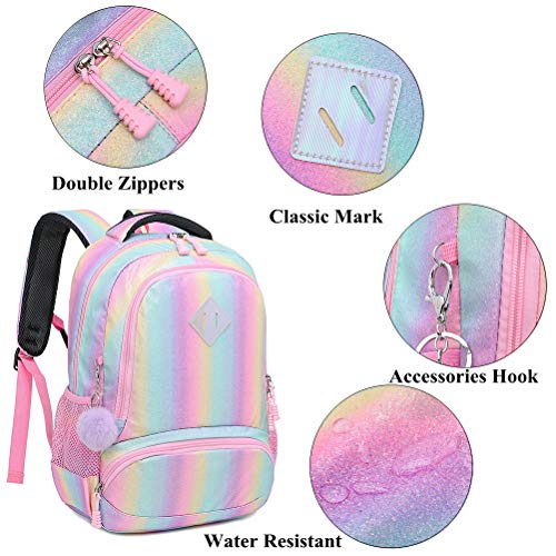 Rugzak meisjes schoolrugzak regenboog glitter rugzak kinderrugzak schooltassen set tiener kleurrijke schoolrugzak dames casual dagrugzak voor reizen werk, regenboog, - Image 5