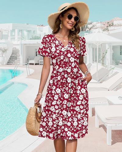 Image of WNEEDU Women V Neck Button Down Empire Waist Midi Summer Dress with Pockets