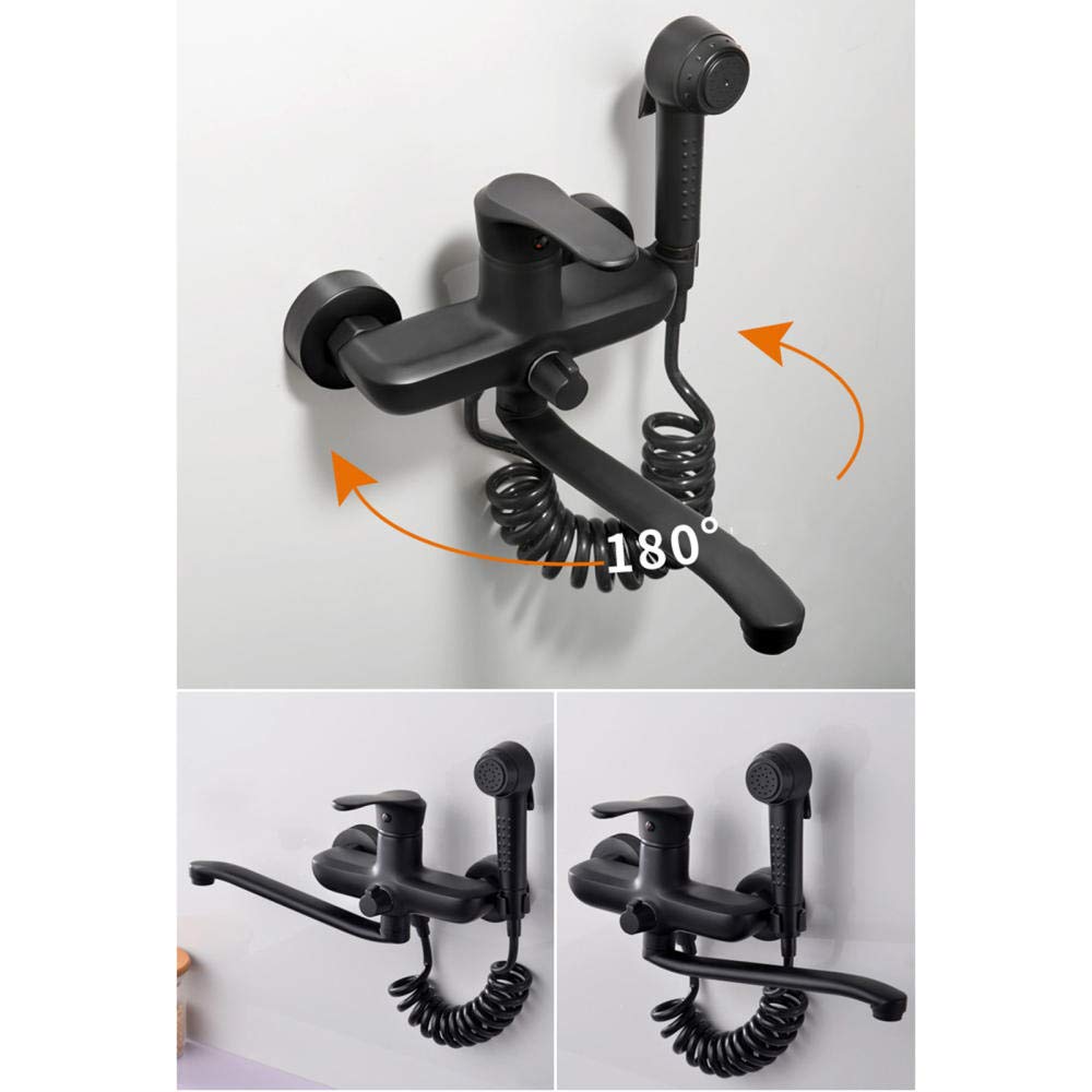 XANAYXWJ Grifos de Cocina montados en la Pared Grifo Mezclador para Fregadero de Cocina Giratorio de latón con Doble Orificio, frío y Caliente, Negro, con Pistola rociadora, Grifo de baño-25 cm (20