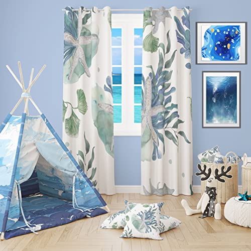 Nautical Coastal Window Curtain Beach Ocean Themed 50% Light Blocking Curtains Starfish Seaweed Room Darkening Curtains Grommet Window Drapes For Bedroom Living Room, 2 Panels, 52" X 84" #TOP2