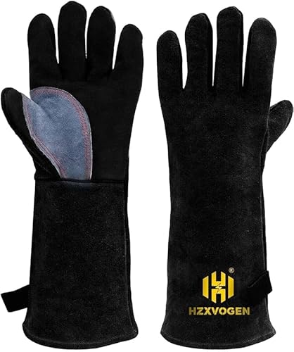 HZXVOGEN 耐熱グローブ 牛革 溶接手袋 耐熱500度 キャンプグローブ 溶接 耐火手袋 BBQ ストーブ 焚き火台 薪ストーブ アウトドアなど用 作業革手袋 男女兼用