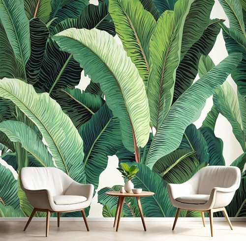 Carta Parati Murale Bianco Verde Foglie Di Banano 150X105Cm Carta Da Parati Panoramica Piante Tropicali Effetto 3D Poster Da Parete Per Sogg Per Soggiorno,Camera Letto,Ufficio,Tv Sfondo
