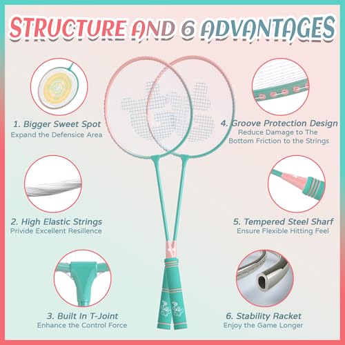 Image of Badminton Rackets Set of 4, Lightweight & Beginners Badminton Racquets | 4 Rackets, 6 Nylon Shuttlecocks, 4 Replacement Grip Tapes and 1 Carrying Bag, Indoor Outdoor Backyard Games for Kids Adults
