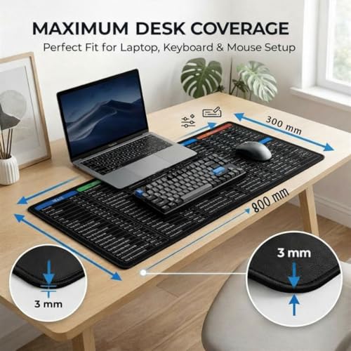 Image of EliteWiz Shortcut Key Extended Mouse Pad 800x300mm | 3mm Thick, Non-Slip Rubber Base, Stitched Edges, Water Resistant, Keyboard Shortcut Design