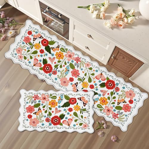 Scalloped Kitchen Mats for Floor 2PC Cushioned Anti Fatigue Kitchen Mats Rugs Waterproof Non Slip Boho Floral Comfort Foam Standing Mat for Sink Laundry, White,17.3x30+17.3x59 Floral- White