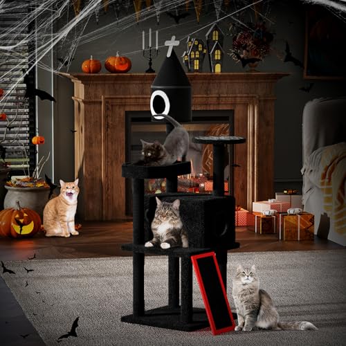 Árbol para gato gótico 64'' negro y rojo con cama ataúd miniatura 2