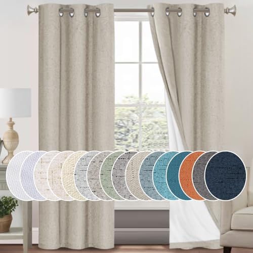 Image of PrinceDeco 100% Blackout Curtains 84 Inches Length 2 Panels Set Blackout Linen Curtains with Thermal Insulated White Liner Anti-Rust Grommet Drapes Privacy Protection,W42 X L84,Cobblestone