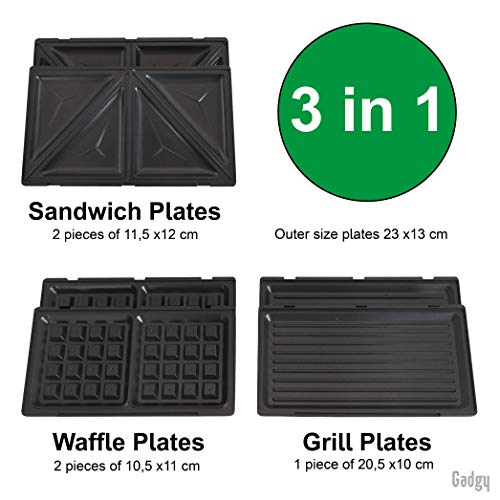 Gadgy 3-in-1 Waffeleisen-Sandwichmaker, Belgisches Waffeleisen mit abnehmbaren Platten, Cool-Touch-Griff, Anti-Rutsch-Füßen und 2 Kontrollleuchten, 750 W, perfekt für Waffeln, Sandwiches und Grillen – Bild 3