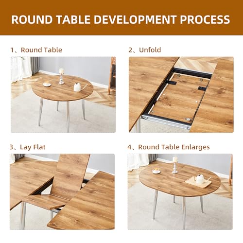 Image of Extendable Round Dining Table Set for 4, 42-54 inch Expandable Dining Table with 4 Upholstered Chairs, Engineered Wood Top, Space-Saving Round Kitchen & Dining Room Table Set(1 Table + 4 White Chairs)