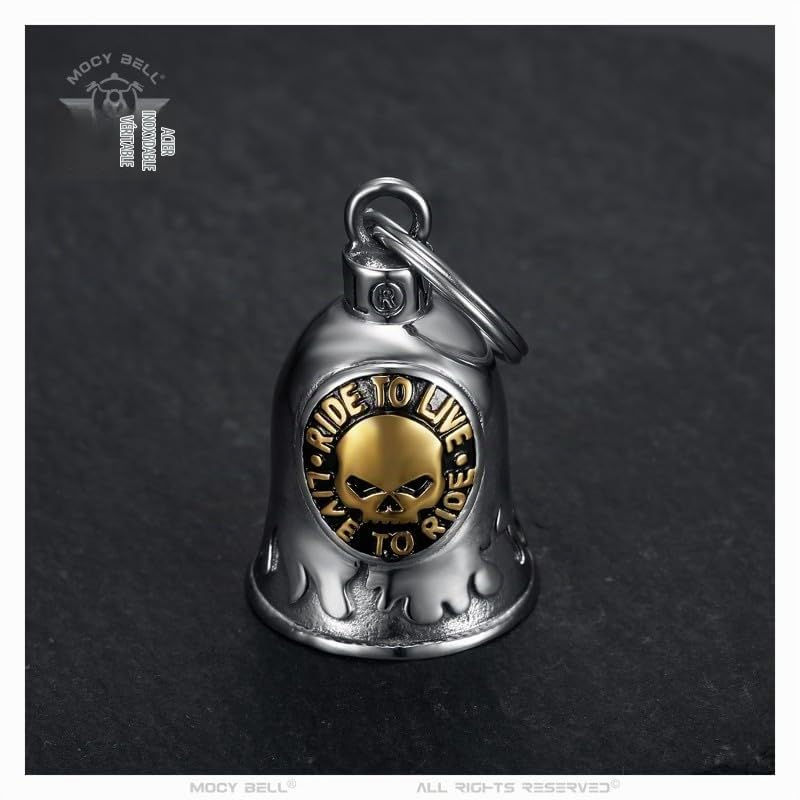 Clochette Moto Skull Ride to Live Porte-Bonheur MOCY BELL Acier Inoxydable Argent Or