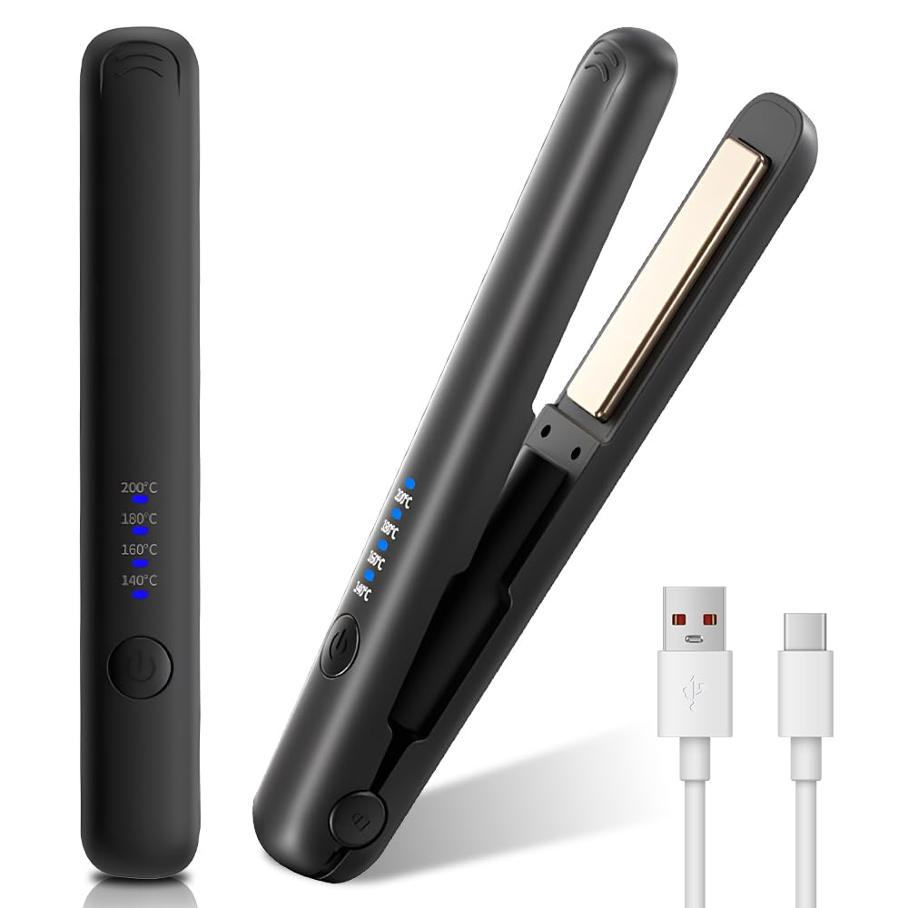 Mini Glätteisen Kabellos, 2 in 1 Reise Glätteisen Mini mit 4 Temperaturen glatteisen locken und Glätten mit LCD-Display Tragbares Reise glatteisen mit Aufladung, 30s Schnelles Aufheizen (Schwarz)