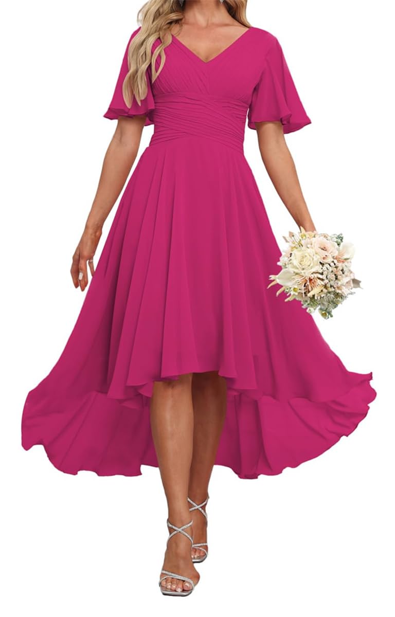 Hppee Women's Hot Pink Formal Dresses For Summer Chiffon A Line Maid Of Honor Tea Length Mother Of The Bride Dress Uk18
