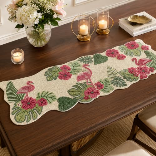 Image of Beautiful Beaded Table Runner - Pink Swan Design, 13 x 36 Inches, Pack of 1 | Handcrafted Craftsmanship for Dining, Center Table, Thanksgiving & Festive Decor