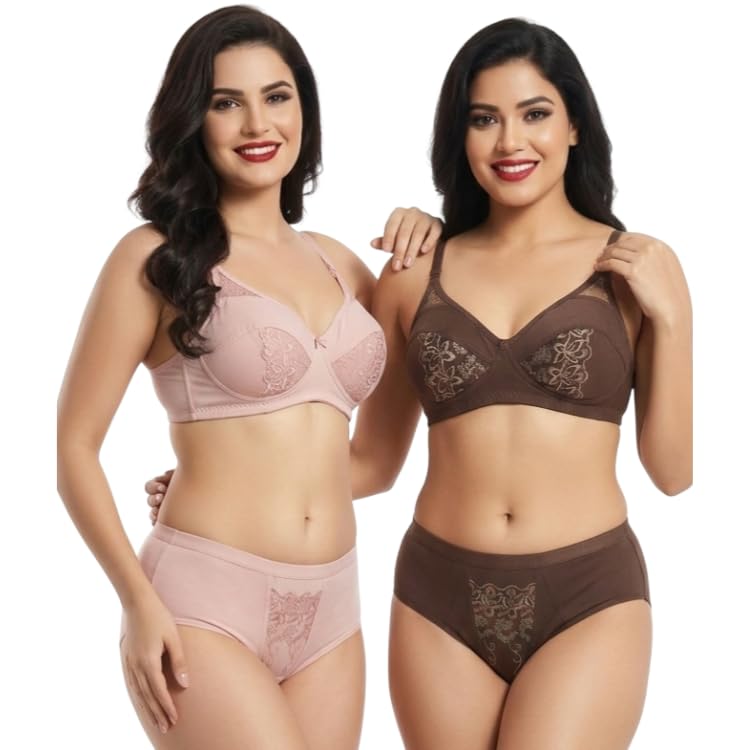 Image of Combo Pack of 2, Premium Women's Cotton Rich Non-Padded Wire-Free Lingerie Sets | Full Coverage Bra & Low Rise Panty with Lace Work | Bra Panty Sets