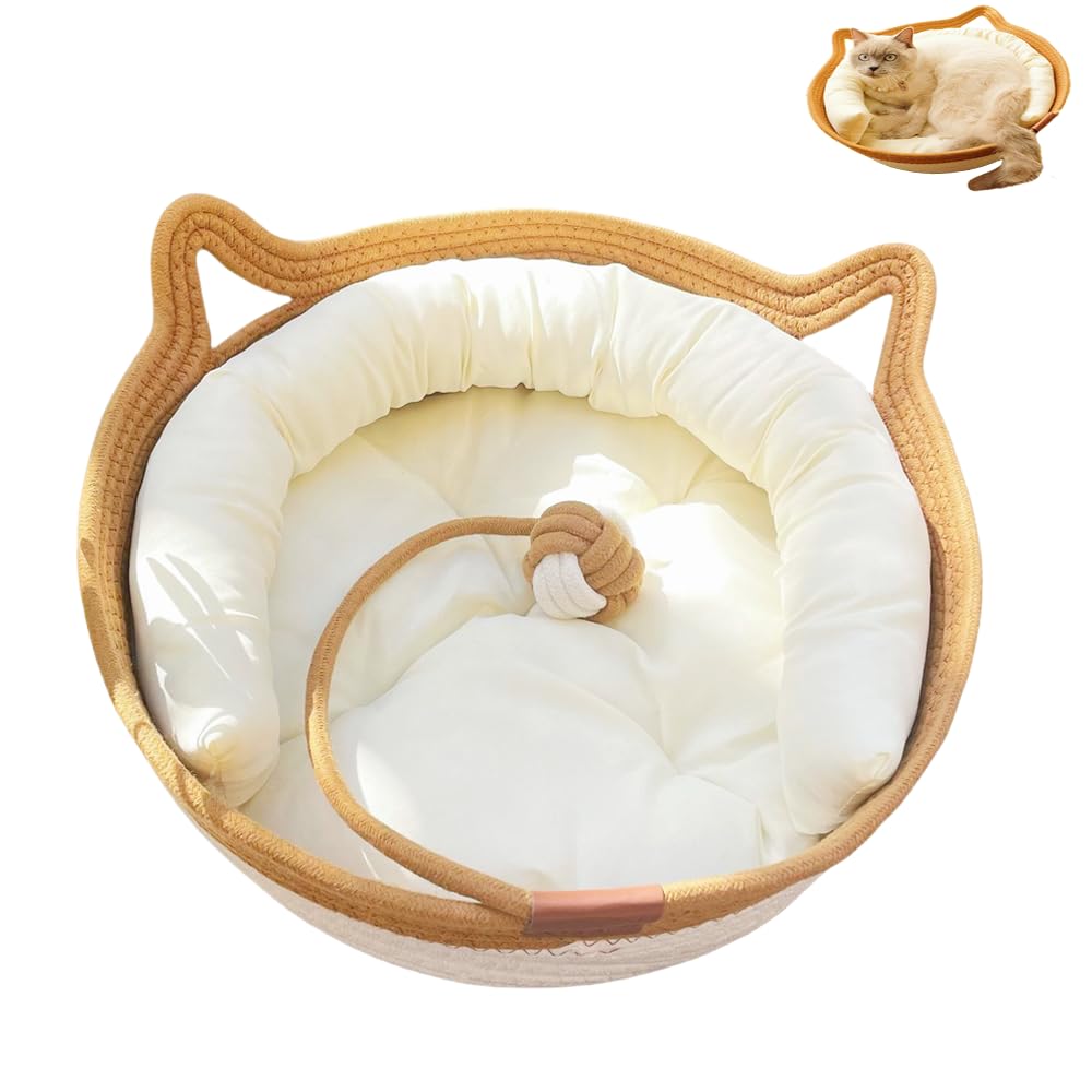 Cotton Woven Cat Bed Basket, 3-in-1 Cat Basket with Cushion Pad and Scratching Ball Toy, Sleeping Nest Scratcher Bed for Kitten Puppy Small Cats & Dogs, Medium