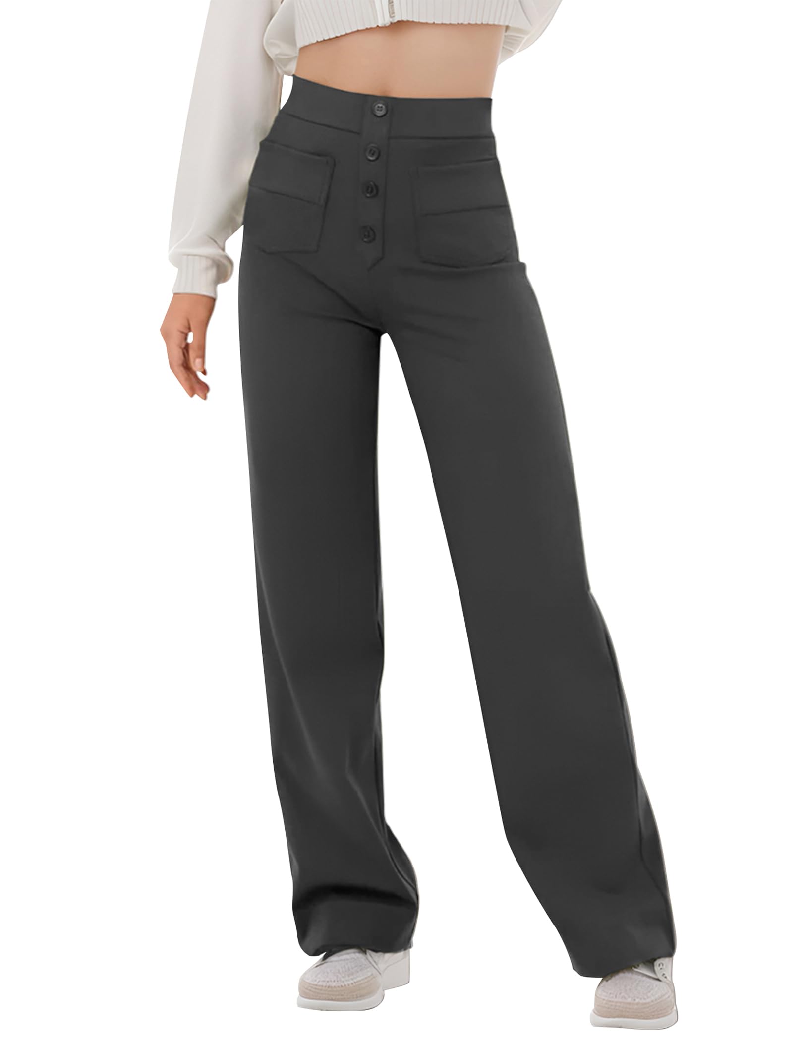 Cnlinkco Women's High Waisted Straight Leg Pants Stretchy Business Casual Pants Button Down Work Trousers with Pockets Dark Grey