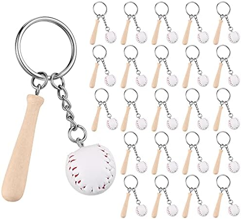 24 Pieces Wooden Bat with Baseball Keychain Mini Baseball Keyring Sports Keychain for Team, Sports Souvenir Favors, Victory Parties, Athletes