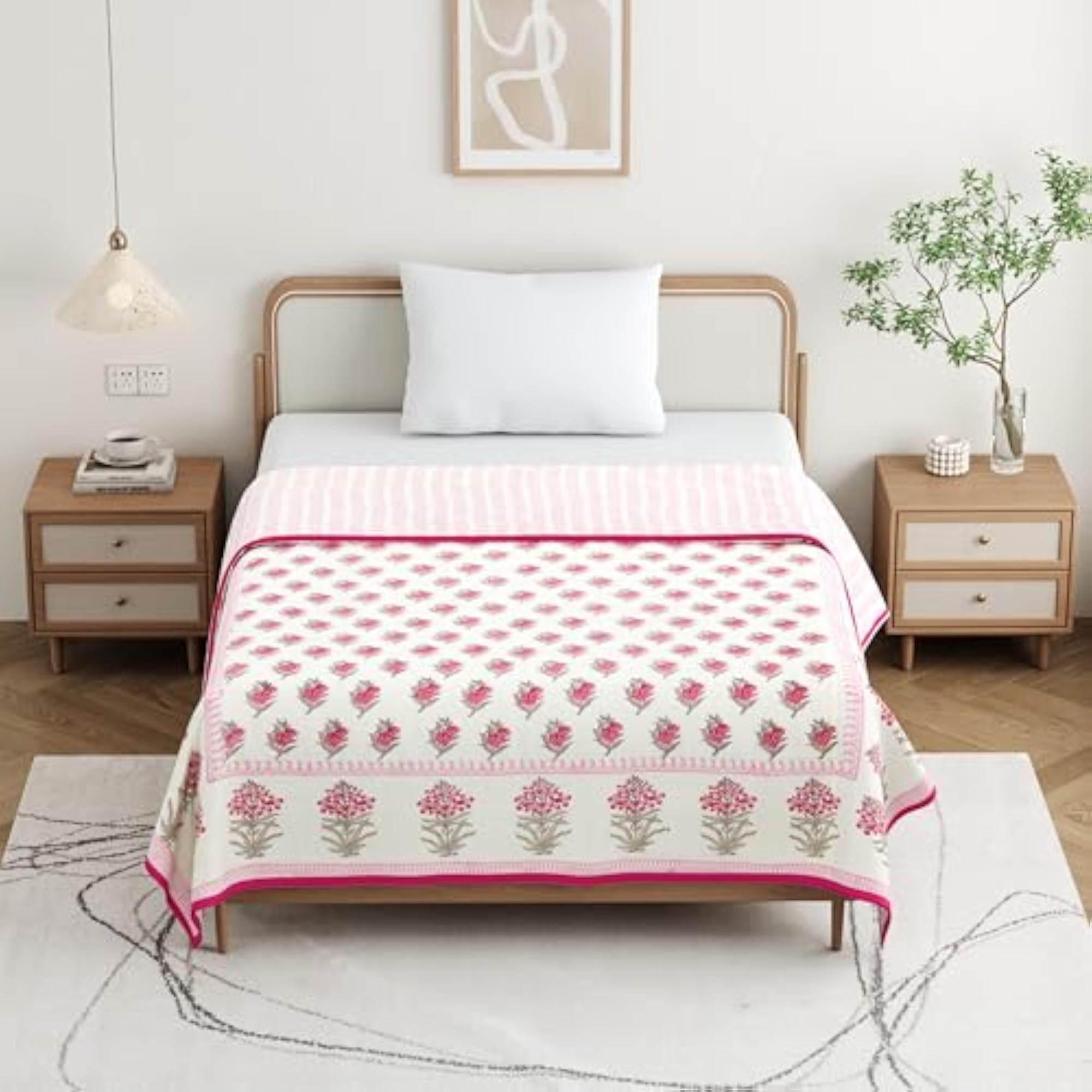 Pink Rose Hand Block Printed Cotton Dohar, Queen Size