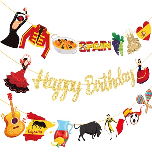Spanish Happy Birthday Banners Glitter Gold Spanish Birthday Party Decorations 3PCS Spain Theme Banners Spain Española Flamenco Decorations for Español Feliz Cumpleaños Banner Party Supplies