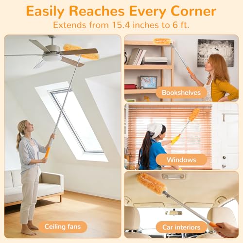 Image of 6 ft Heavy Duty Extendable Duster Handle with 50 Refills for Swiffer Duster, 360 Multi-Surface Dusters with 4X Cleaning Power for Home, Ceiling Fans, Windows, Dusting Hard-to-Reach Areas (Orange)