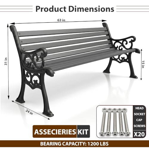Image of BRISHI 3 Seater cast Iron Garden Bench for Indoor & Outdoor Park /Patio /Living Room /Terrace /Balcony (White) (Black + Grey)