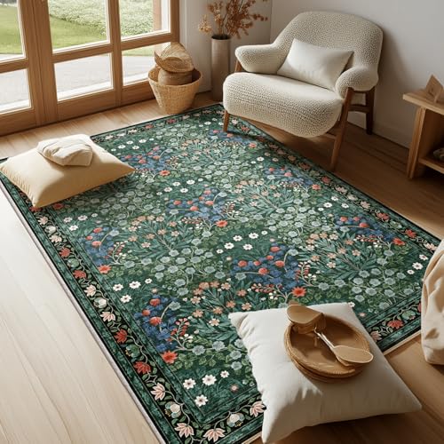 Image of Dark Green 4x6 Washable Area Rug, Ultra Soft Non-Slip Stain Resistant, Floral Distressed Design for Living Room, Bedroom, Large Entryway & Kitchen