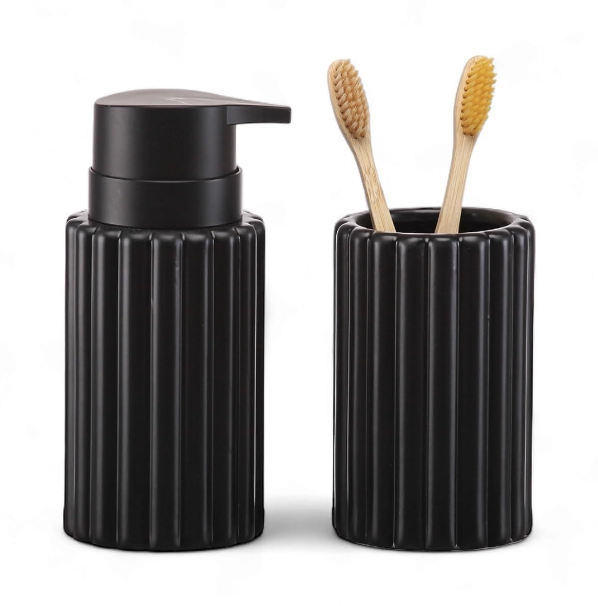 Matte Black Ceramic Bathroom Set - Large Capacity 11oz Liquid Soap Dispenser + Toothbrush Cup, Matching Modern Bathroom Accessories