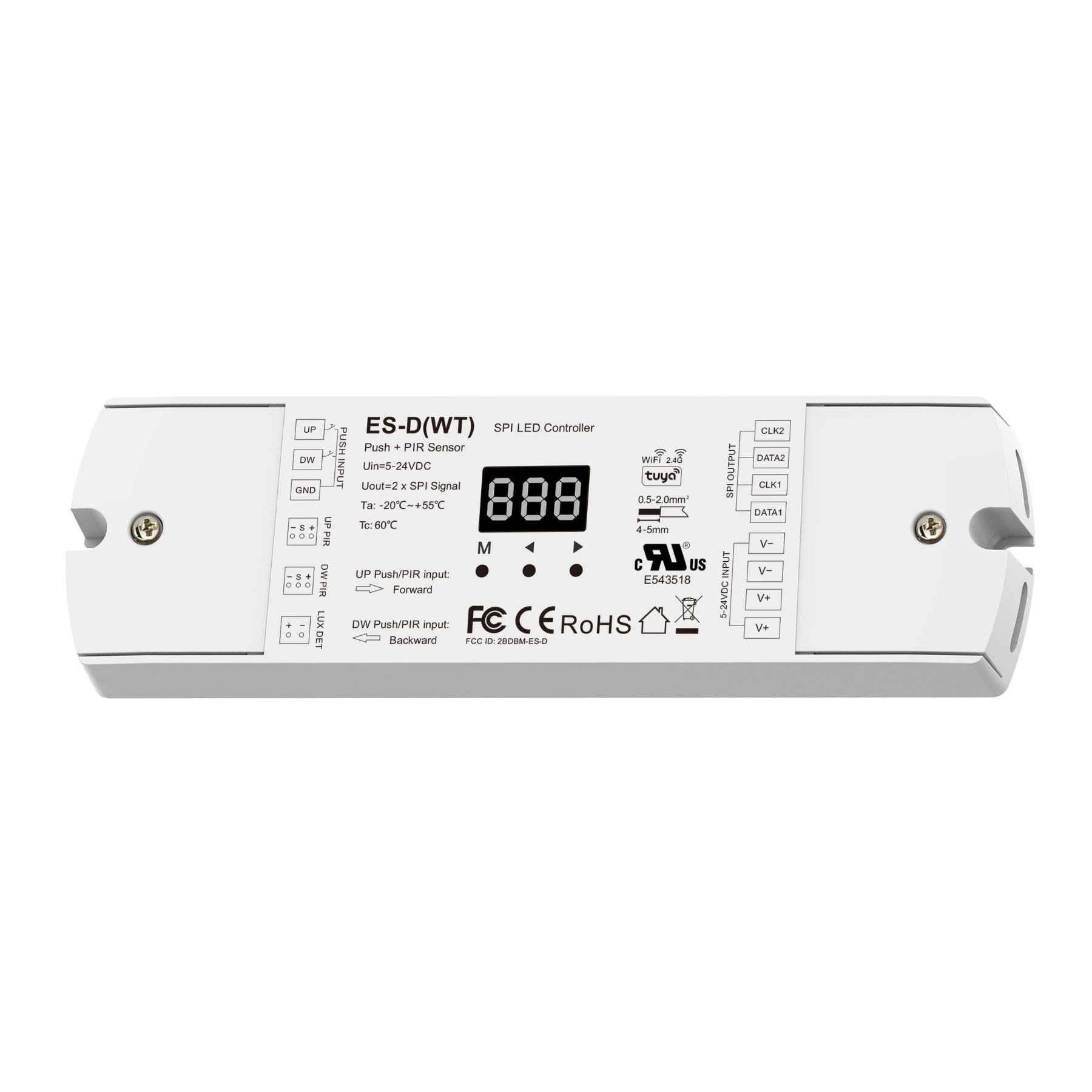 Zestaw kontrolera LED SPI do schodów WIFI z 2 czujnikami PIR, przyciskami UP, do pasków LED Pixel Running, Monocolor i RGB, 5-24 V DC, 2 wyjścia SPI TTL, wyświetlacz cyfrowy, do 900 pikseli, aplikacja