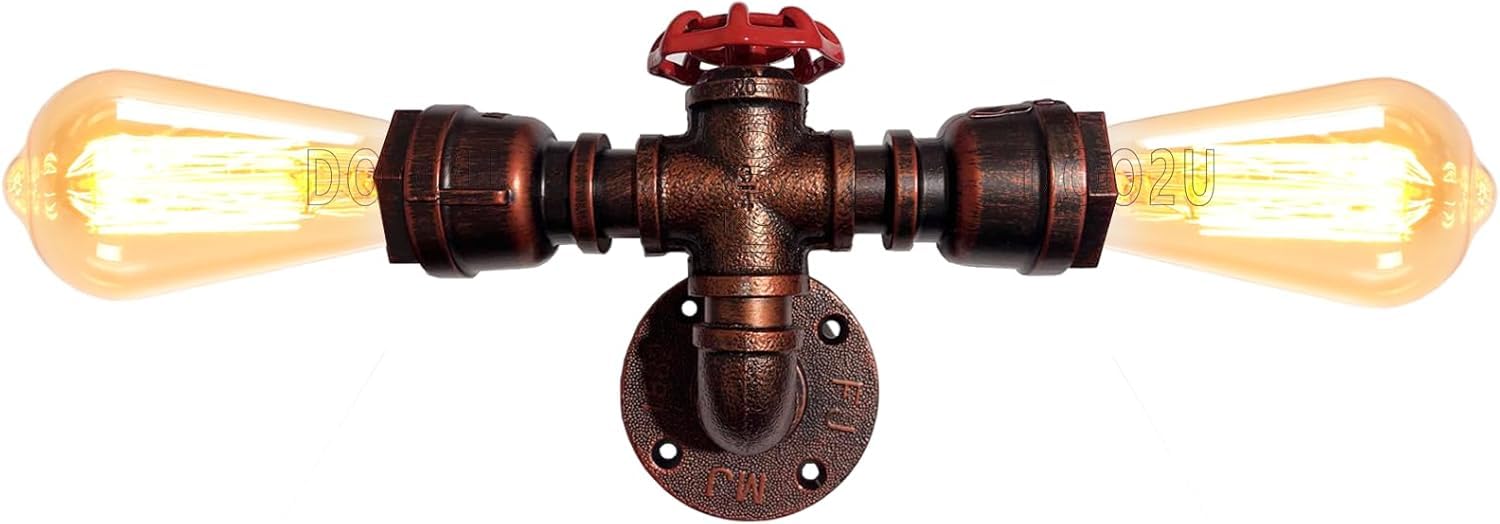Appliques murales Tuyau d'Eau Industriel en Metal Lampe murale Rétro Rouge rouille Style Double Tête Creative Eclairage Decoratif pour Cuisine Salon Chambre à Coucher