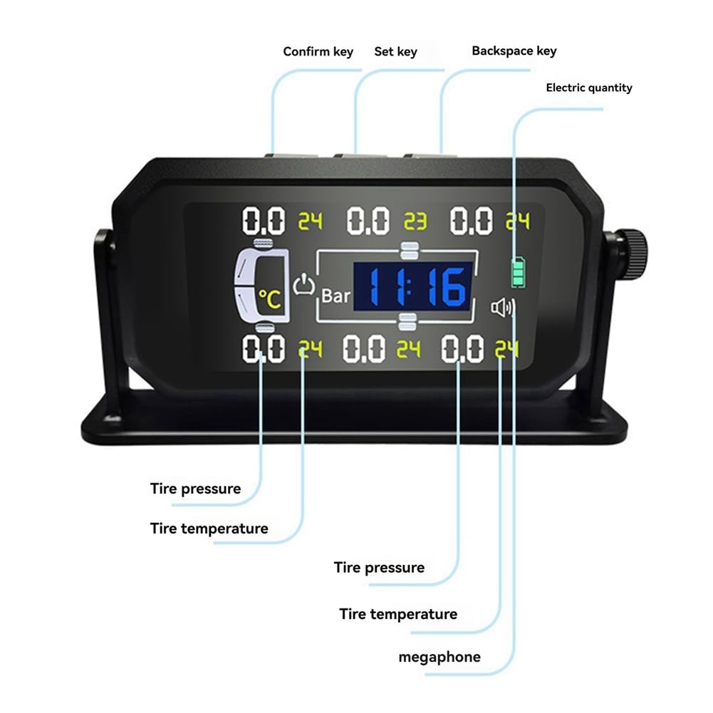 Osmond de Monitoreo de Presión de Neumáticos TPMS para Automóvil, RV, Camión, Sensor Solar de 6 Ruedas, Reloj de Temperatura, Pantalla de Presión de AIRE, Alarma B