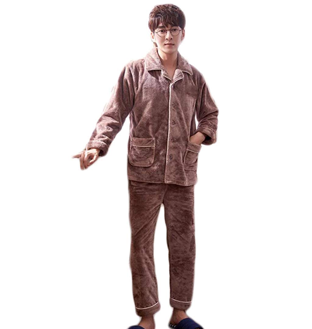 Pijamas Pijama para Hombre, Pijamas,Mobiliario for el hogar de Franela Gruesa y cálida de otoño e Invierno,Solapa de Color sólido con un cómodo Conjunto de Pijama