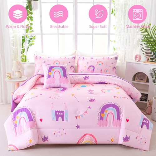 Image of Full Size Bedding Sets for Girls 6 Pieces Pink Rainbow Kids Comforter Set with Sheets Colorful Castle Printed Teen Girl Bed in A Bag for Bedroom Decor (Rainbow Castle, Full)
