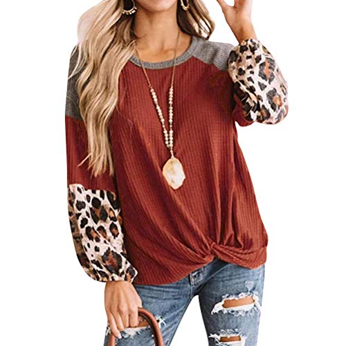 SiLing Women Leopard Print Shirt Colorblock Long Sleeve Sweater Knotted Hem Tops