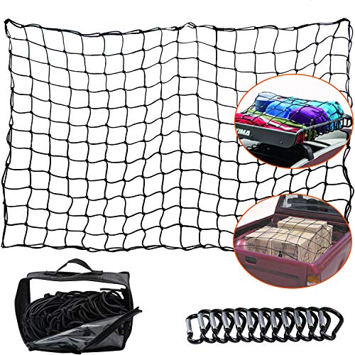 WUPP Cargo Net for Pickup Truck Bed, Heavy Duty 4 x 6  Elastic Cargo Bungee Net Stretches to 8  x 12  for Roof Rack Car Trailer, 12 D-Clip Carabiners, 4 x4  Mesh Holds Small and Large Loads Tighter