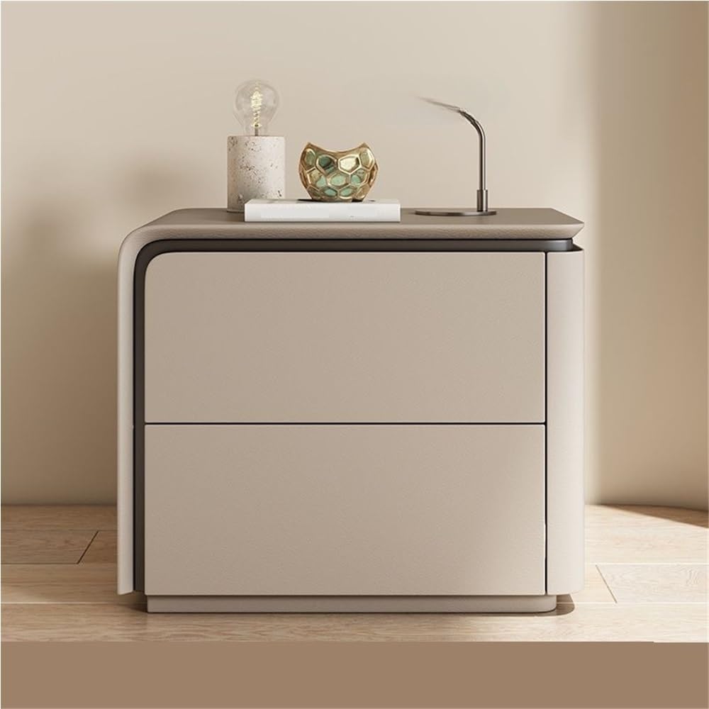 Modern Solid Wood Bedside Table, Simple Fiber Leather Fully Wrapped Bedside Table, Bedroom Storage Cabinet, Double Drawer Large Capacity Storage