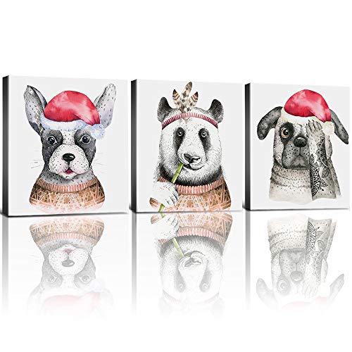 Christmas Hat Animals Wall Art Cute Pet Dog Pictures Prints Painting Artwork Canvas