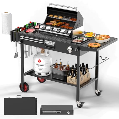 FATOK Portable Grill Cart Table with Wheels, for 17-22 Inch Blackstone Griddle Stand, Foldable BBQ Prep Station with Seasoning Tray