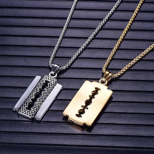 LUSSO 14K Yellow Gold Gothic Punk Razor Blade Necklace For Men, Barber Razor Pendant Necklace - Golden Man Razor Chain, Unisex Razor Necklace For Halloween4