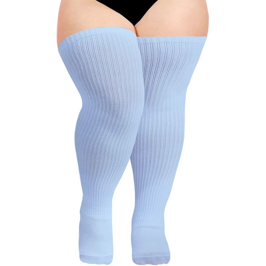 Moon Wood Plus Size Thigh High Socks for Thick Thighs- Womens Knit Cotton Extra Long Over the Knee High Socks Leg Warmer: One Size Plus Light Blue