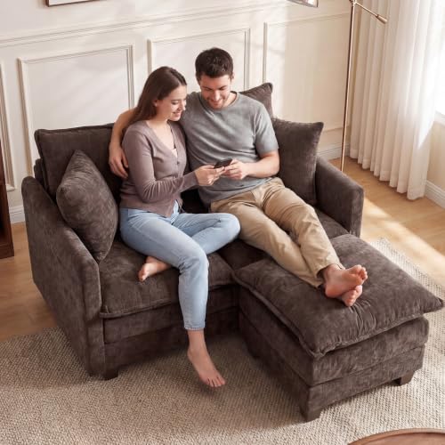 Image of 50'' Loveseat Sofa Set with Ottoman, Small Couch Set 2 Piece Cloud Love Seat 27 inch Deep Seat Washable Pillows Couches for Small Spaces Apartment Living Room, Brown