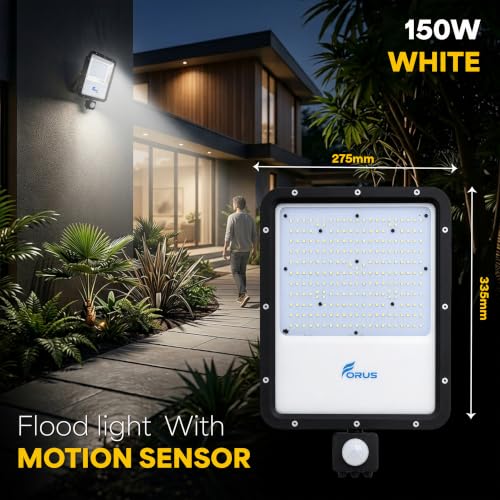 Image of Forus 150W LED Flood Light White with Motion Sensor Auto On Off Day Night Mode Waterproof Outdoor Security Light for Garden Parking Garage Factory Warehouse Super Bright Floodlight 4Yr Warranty-1Pc