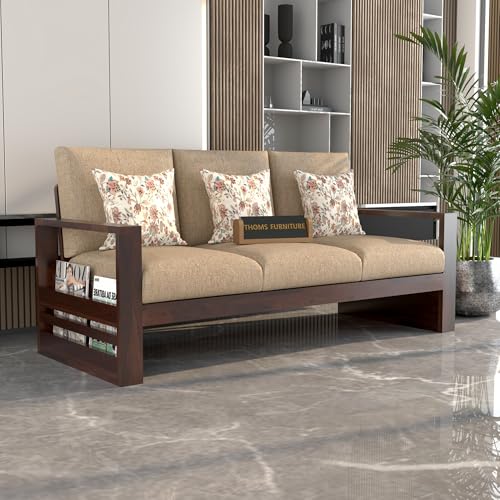 Image of Solid Sheesham Wood 3 Seater Sofa for Living Room | Elegant Wooden Sofa Set 3 Seater for Home & Office Furniture Decor | Stylish 3 Person Sofa (Zack Walnut, 3 Seater)