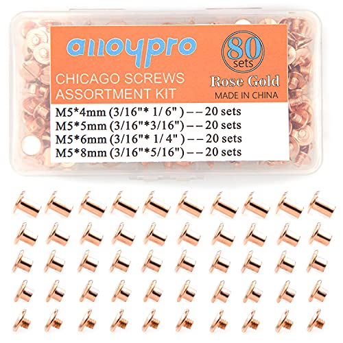 80 Sets Chicago Screws Assorted Kit 4 Sizes Rose Gold Leather Rivets 1/6 3/16 1/4 5/16 Screw Rivets Flat Fillister Book Binding Posts Nail Rivet Chicago Bolts For Diy Leather Craft (5 X 4,5,6,8) #TOP17