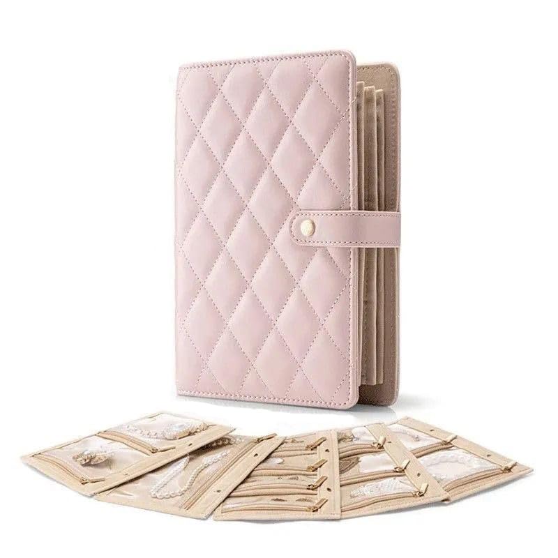 Jewelry Book Organizer - Leather Travel Jewelry Case with 5 Detachable Pages for Necklaces, Rings, Earrings, Tangle-Free, Giftable (Pink jewelry bag (